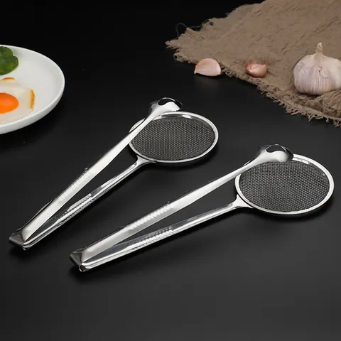 Stainless Steel Oil Filter Clip Frying Food Tongs Fine Mesh Strainer For Kitchen Cooking Tools Silver Anti-scald Non-slip Tongs