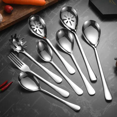 Stainless Steel Serving Utensils Long Handle Mirror Polished Slotted Spoon Fork Pasta Server Utensil For Hotel Banquet Home Buffet