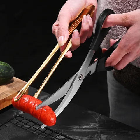 Multifunktionale Edelstahl Küchenschere Und Grillzange Set Gebogene Gezackte Klinge Geflügelschere Für Koreanisches BBQ