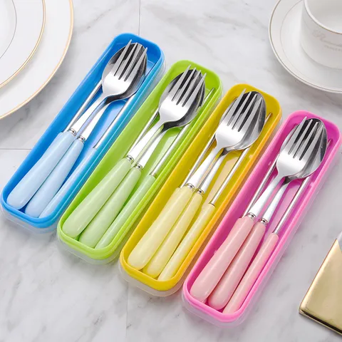 Portable Stainless Steel Cutlery Set Candy Color Ceramic Handle Spoon Fork Chopsticks With Travel Case For Student Office Picnic