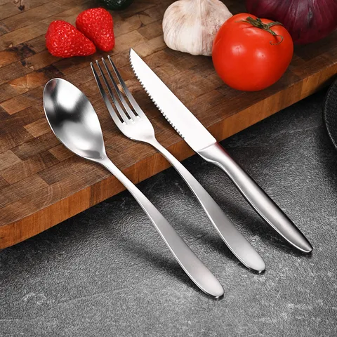 Stainless Steel Steak Knife Table Spoon Fork Satin Finish Serrated Heavy Duty Western Cutlery For Restaurant Home Dinner Wedding