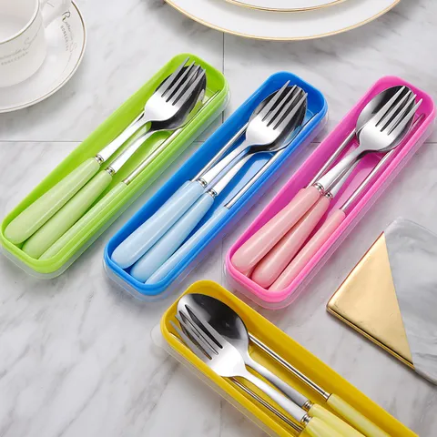 Portable Stainless Steel Cutlery Set Candy Color Ceramic Handle Spoon Fork Chopsticks With Travel Case For Student Office Picnic