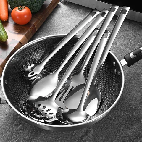 Utensilios De Cocina De Acero Inoxidable Integrados Espátula De Cocina Pulido Espejo Cucharón Cuchara Ranurada Utensilios Resistentes Al Calor