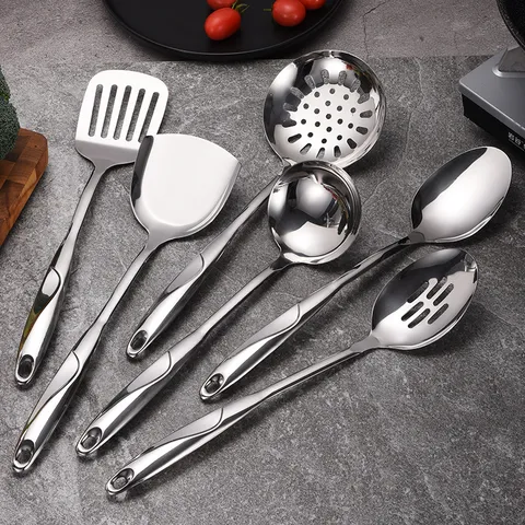 Thickened Stainless Steel Kitchen Utensils Heat Resistant Hollow Handle Cooking Spatula Soup Ladle Skimmer Pasta Server Meat Fork Rice Spoon