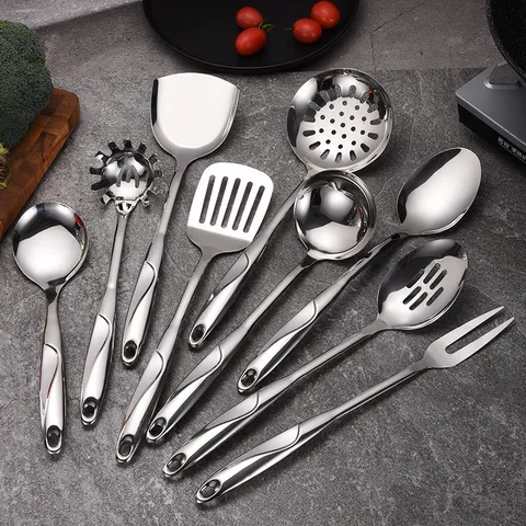 Thickened Stainless Steel Kitchen Utensils Heat Resistant Hollow Handle Cooking Spatula Soup Ladle Skimmer Pasta Server Meat Fork Rice Spoon