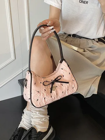 Damen Rosa Mondsichel Tasche Mode Schleife Herzanhänger Bedruckt PU Leder Schultertasche Süße Handtasche Umhängetasche