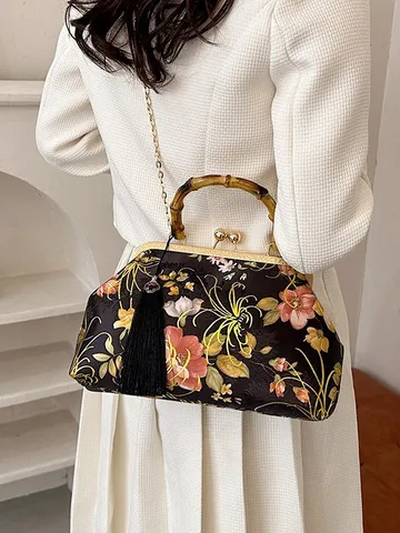 Sac de Soirée en Tissu Brodé de Fleurs Chinoises Vintage Avec Poignée en Bambou Fermoir à Clip Sac Coquille Chaîne pour Femmes