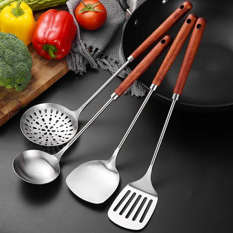 Stainless Steel Kitchen Utensil Set With Ke Wood Long Handle Heat Resistant Spatula Soup Ladle Slotted Turner Skimmer For Cooking