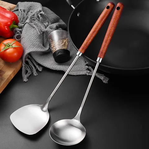 Stainless Steel Kitchen Utensil Set With Ke Wood Long Handle Heat Resistant Spatula Soup Ladle Slotted Turner Skimmer For Cooking