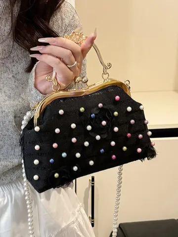 Vintage Floral Evening Bag Women Colorful Beads Shell Handbag With Pearl Strap Elegant Party Banquet Crossbody Purse