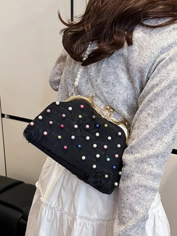 Vintage Floral Evening Bag Women Colorful Beads Shell Handbag With Pearl Strap Elegant Party Banquet Crossbody Purse