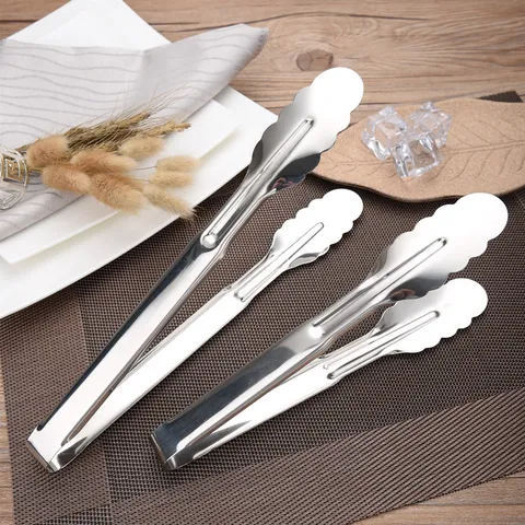 Thickened Stainless Steel Food Tongs Mirror Polished Scalloped Head Serving Tongs For Buffet BBQ Steak Kitchen Utility Cooking Tongs