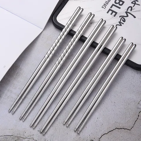 Reusable Stainless Steel Chopsticks Non-Slip Threaded Handle Mirror Polished Round Kitchen Tableware For Children Adults