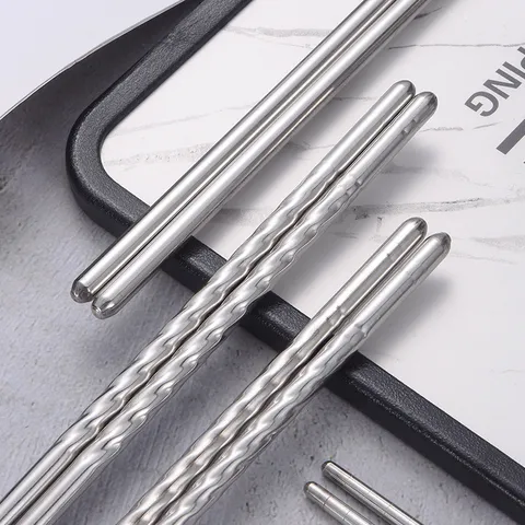 Reusable Stainless Steel Chopsticks Non-Slip Threaded Handle Mirror Polished Round Kitchen Tableware For Children Adults