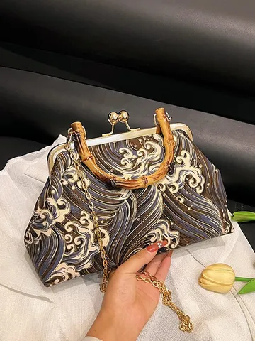 Vintage Embroidered Wave Pattern Evening Bag For Women Japanese Style Bamboo Handle Handbag Gold Kiss-Lock Metal Chain Shoulder Bag