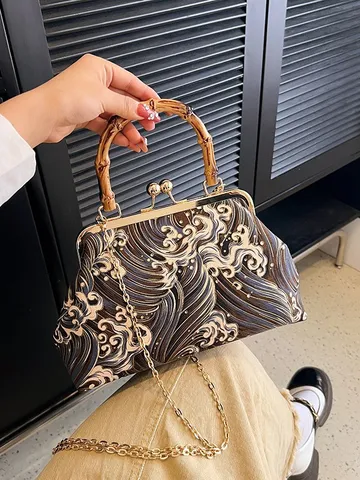 Vintage Embroidered Wave Pattern Evening Bag For Women Japanese Style Bamboo Handle Handbag Gold Kiss-Lock Metal Chain Shoulder Bag
