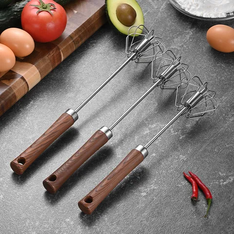 Semi-Automatic Stainless Steel Egg Beater With Wood Grain Handle Manual Press Whisk Mixer For Home Baking Kitchen Tool