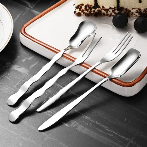 Creative Stainless Steel Wavy Handle Dessert Spoon Fork Mirror Polished Fruit Fork Mooncake Fork For Tableware Cake Pastry Party