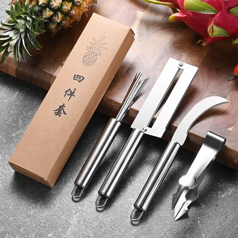 Professional Stainless Steel Pineapple Sugarcane Peeler Set Fruit Eye Remover V-Shape Corer Knife Seed Clip Kitchen Tool