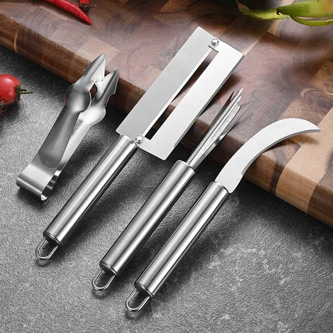 Professional Stainless Steel Pineapple Sugarcane Peeler Set Fruit Eye Remover V-Shape Corer Knife Seed Clip Kitchen Tool
