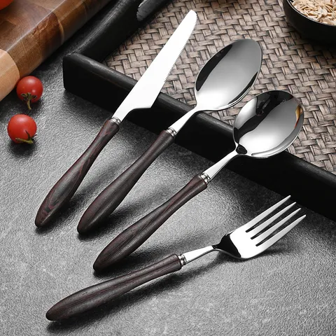 Vintage Wenge Wood Handle 304 Stainless Steel Cutlery Set Steak Knife Dinner Fork Dessert Spoon Mirror Polished Western Tableware
