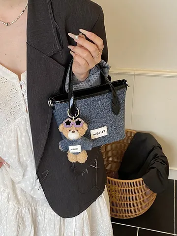 Women Denim PU Splicing Bucket Bag Street Trend Handbag Crossbody Shoulder Bag With Cute Teddy Bear Pendant mdd137