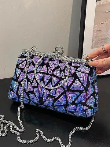 Sac de Soirée Pochette Femme Patchwork Paillettes Forme Coquille Avec Poignée Anneau Métal Strass Bandoulière Chaîne Pour Banquet Fête Mariage