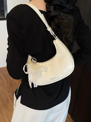 Damen Hobo Unterarmtasche Glänzendes PU Leder Nischendesign Schultertasche Kontrastfarbe Perlenanhänger Spitzen Schleife Tasche