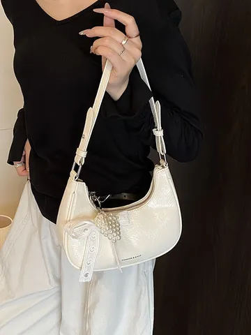 Damen Hobo Unterarmtasche Glänzendes PU Leder Nischendesign Schultertasche Kontrastfarbe Perlenanhänger Spitzen Schleife Tasche
