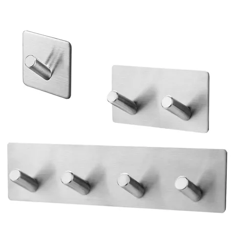 Stainless Steel Wall Hook Punch Free Adhesive Heavy Duty Coat Hanger Metal Utility Hook For Kitchen Bathroom Door Back