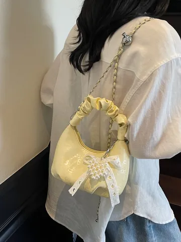 Niche Pleated Handbag For Women Fashion Bowknot Dumpling Bag Stylish Printed PU Leather Single Shoulder Crossbody Bag