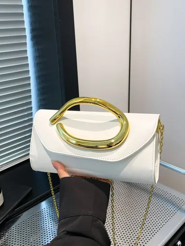 Damen Abendclutch Tasche Minimalistisches Kunstleder Kleine Quadratische Tasche Mit Skulpturalem Goldfarbenem Metallgriff Kette Umhängetasche Für Party Hochzeit