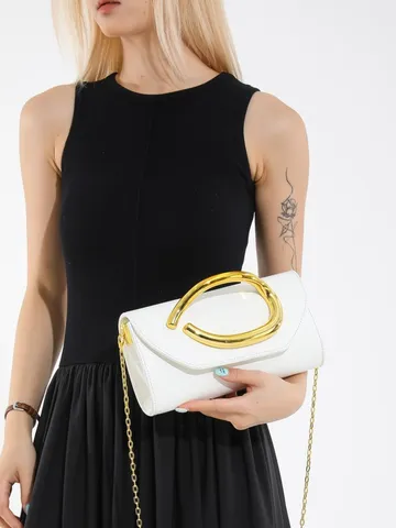 Damen Abendclutch Tasche Minimalistisches Kunstleder Kleine Quadratische Tasche Mit Skulpturalem Goldfarbenem Metallgriff Kette Umhängetasche Für Party Hochzeit