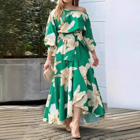 Women Plus Size Elegant Off Shoulder Long Sleeve Dress Casual Floral Printed Irregular Hem Long Maxi Dress For Party
