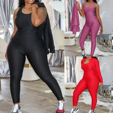 Women Activewear Three Piece Set Long Sleeve Zipper Jacket Tank Top And Leggings Honeycomb Textured Sports Workout Tracksuit