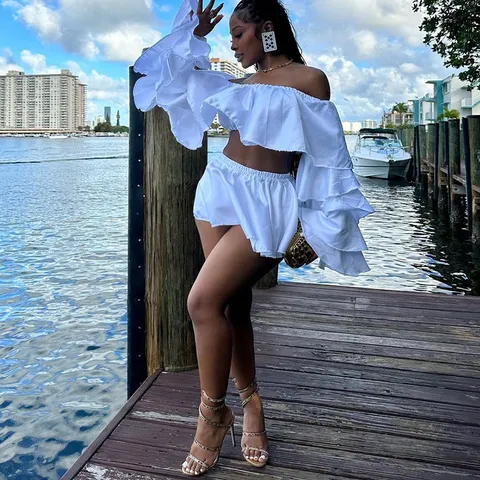 Women's Sexy Ruffle Off-Shoulder Long Sleeve Top And Mini Skirt Set Casual Elegant Two-Piece Outfit