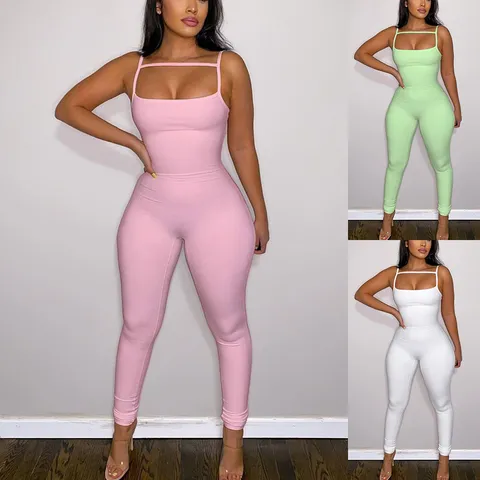 Women's Summer Sexy Slim Fit Ribbed Knit Cami Jumpsuit Solid Color Sleeveless Long Pants Romper Casual Daily Outfit