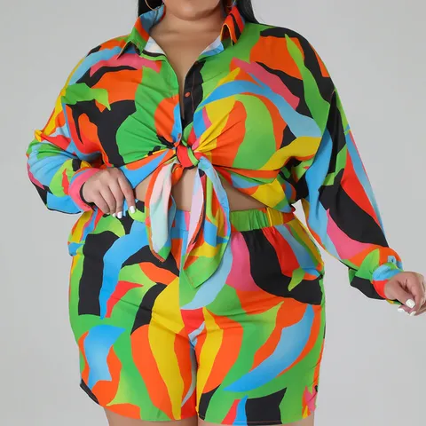 Women Fashion Geometric Printed Lapel Long Sleeve Shirt And Shorts Set Casual Loose Button Polyester Outfit Plus Size