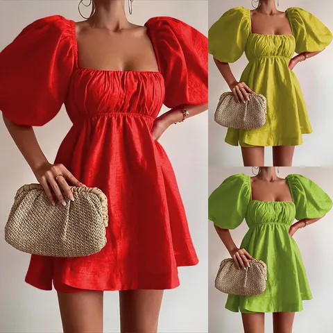 Women Casual Solid Color Square Neck Lantern Half Sleeve High Waist A-Line Mini Dress Fashion Elegant Short Dresses