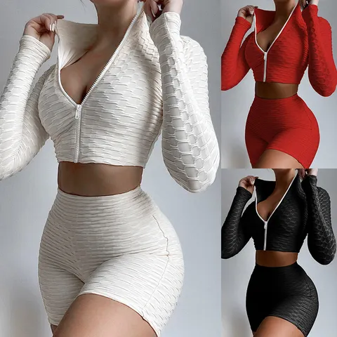Women Casual Long Sleeve Zip Crop Top And High Waist Shorts Sports Fitness Athletic Workout Two Piece Set Activewear