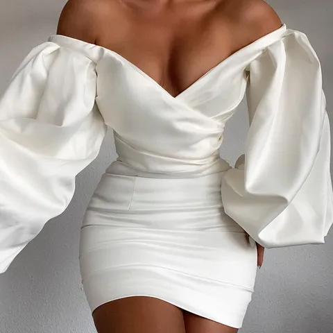 Women Sexy Off-Shoulder Bodycon Dress Polyester Patchwork Puff Sleeve V-Neck Mini Dress For Party Night Out Slim Fit Gown