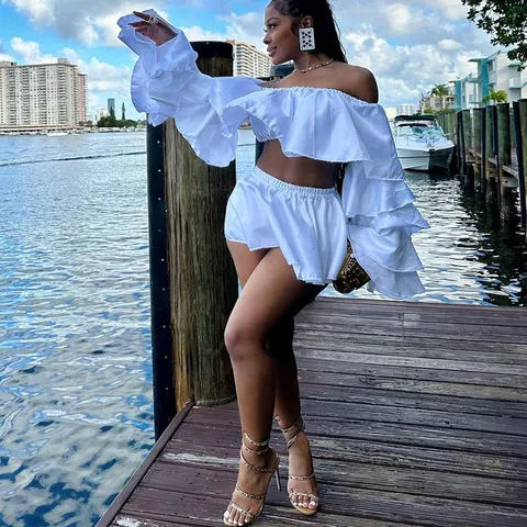 Women's Sexy Ruffle Off-Shoulder Long Sleeve Top And Mini Skirt Set Casual Elegant Two-Piece Outfit