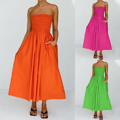 Women Summer Casual Cotton And Linen Midi Dress High Waist Spaghetti Strap Solid Color Elegant Sleeveless Dress