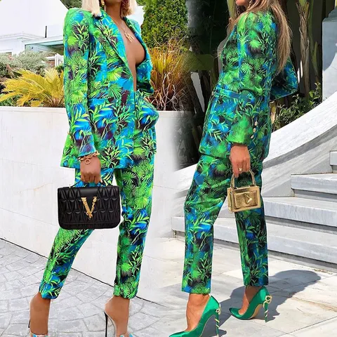 Ensemble Costume Casual pour Femmes Imprimé Blazer Manches Longues Et Pantalon Long Tenue Deux Pièces Vêtement De Travail Commuter Élégant