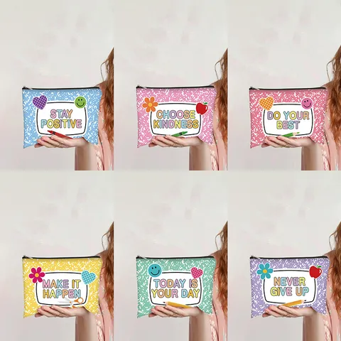 Letter Print Canvas Makeup Bag Portable Pencil Case Cartoon Student Stationery Zipper Pouch For Women Travel Daily Organizer