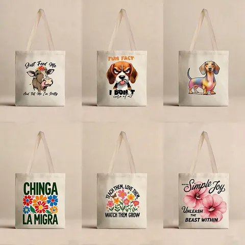 Bolsa de Lona de Gran Capacidad Ecológica Reutilizable Con Estampado de Animales de Dibujos Animados Flores Letras Bolso de Hombro para Mujer Viaje Diario