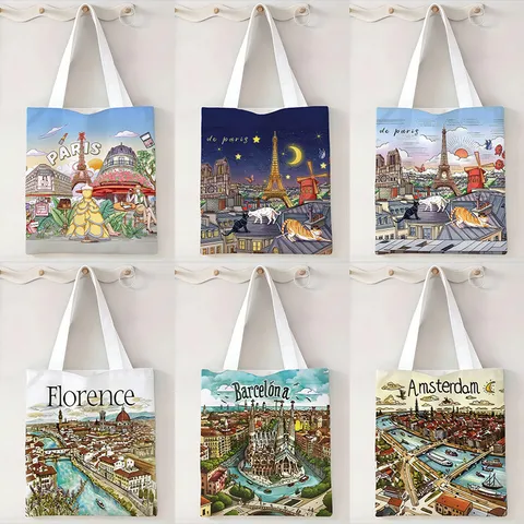 Bolso de Lona con Estampado de Arquitectura Urbana Vintage Gran Capacidad Bolso de Compras Reutilizable para Mujer Uso Diario