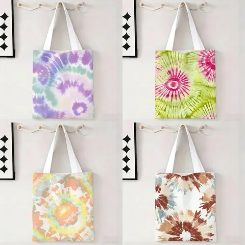 Bolsa de Mano de Lona Tie-Dye Poliéster Gran Capacidad Bolso de Hombro Espiral Bohemio Bolsa de Compras Reutilizable para Mujeres Estudiantes