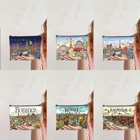 Vintage Oil Painting Print Canvas Cosmetic Bag Paris City Scenic Multi-functional Makeup Pouch Stationery Bag For Women Travel