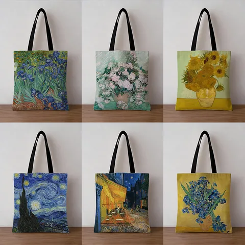 Vintage Van Gogh Oil Painting Canvas Tote Bag Thickened Large Capacity Aesthetic Shopping Bag For Women Students Daily Grocery Bag
